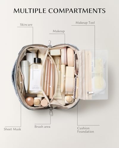 Image of EACHY Travel Makeup Bag, Large Capacity Cosmetic Bag for Women, Waterproof PU Leather, Flat Open Portable Toiletry Bag for Skincare, Brushes & Travel Essentials