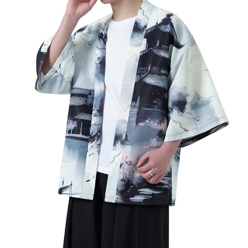 PRIJOUHE Kimono For Men Japanese Style Kimono Robe Jacket Lightweight Open Front Cardigan Seven Sleeve Yukata Coat - Thumbnail 2