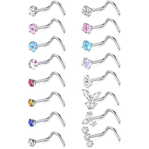 VFUN 20G Nose Stud Ring Stainless Steel Diamond CZ Heart Nose Screw Nose Rings for Women 16PCS Nostril Piercing Jewellery Nose Studs Silver Cover