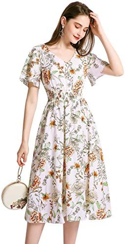 Chiffon Floral Summer Sun Beach Dresses for Women 2023 with V Neck Elastic Waist White Flower 2XL