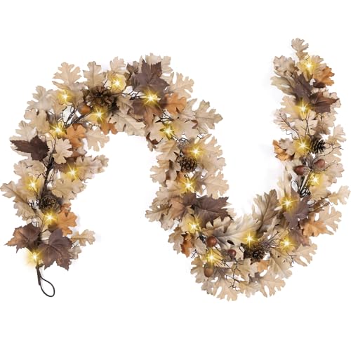 Tulvend Fall Garland - 6 Ft Maple Leaf Garland with Pinecones - Fall Acorn Leaf Garlands with 30 Warm Lights for Thanksgiving Halloween Mantel Dining Table Centerpiece Indoor Outdoor Decor