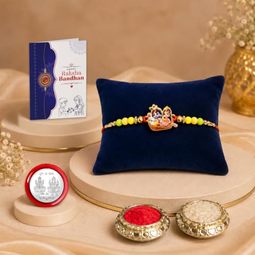 Image of Oblivion Rakhi For Brother Set of 1 - Elegant Krishna Ji With Beads Thread Designer Rakhi with Silver Colour Coin, Greeting Card and Tilak Set - Traditional Raksha Bandhan Combo for Bhai (Pack of 4)