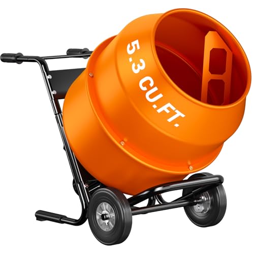 BSMTEK Electric Concrete Mixer, 5.3 Cubic Ft, 1HP. MAX 750W Portable Electric Poly Drum Concrete Mixer, Heavy Duty Power Cement Mixing Machine for Mortar, Stucco and Fodder, Orange