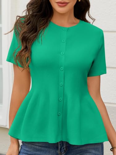 Image of Saodimallsu Womens Short Sleeve Cardigans Ruffle Button Down Crew Neck Peplum Babydoll Knit Sweater Tops