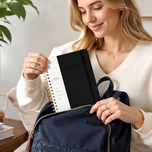 Image of Spiral Notebook - 7.24 inch x 10 inch College Ruled Journal with Inner Pockets and 180 Pages, PU Leather Cover Business Journal, Twin-Wire Binding Notebook Perfect for Office & Home School Supplies Black