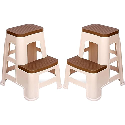 Image of SKYGLAMOUR Plastic Multi-Purpose Stepper Stool for Kitchen | Office&Home Use with Weight Bearing Capacity of 120 Kg |2 Step Stool for Home| Color: Basket Beach /Brown; Pack of 2