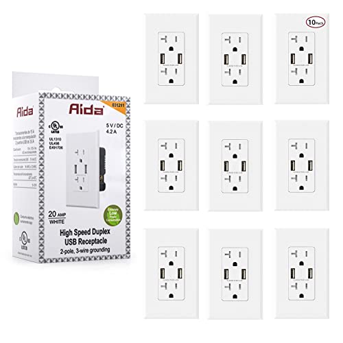 Aida Usb Wall Outlet, Usb Receptacle With Type A Usb Ports 4.2A, 20 Amp Duplex Tamper Resistant Receptacle Plug, Charging Power Outlet, Wall Plate Included, Ul Listed, Glossy White (10 Pack) #TOP19
