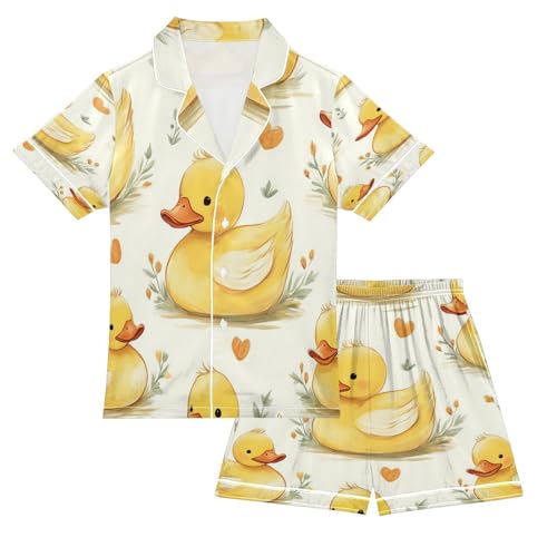 Satin Pajama Sets Short Sleeve Cute Yellow Duck Pattern Button Down Silky Nightwear 2 Piece PJS 5-14Y