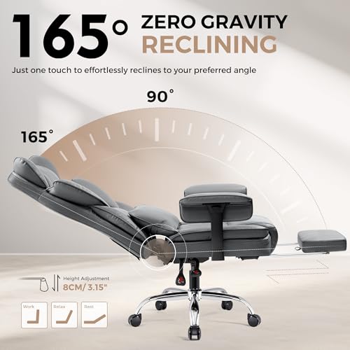 BESTFAIR Home Office Desk Chair 500Lb, Comfy Ergonomic Office Chair with Footrest, PU Leather Office Desk Chairs for Heavy People, High Back Executive Office Chair with Lumbar Support, Gray - Thumbnail 4