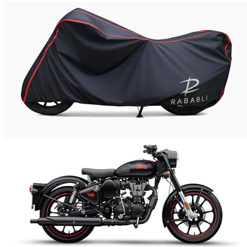 Image of Waterproof Bike Body Cover Compatible for | Royal Enfie Classic 350 Dark | Taffeta Fabric, Red Piping Design, Bottom Elastic Fit | Dustproof, Sun UV & Rain Protection for All Bikes