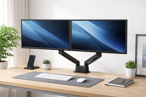 Image of Dual Monitor Arm Gas Spring Stand - Aluminum Alloy & Steel| VESA Mount 75x75 /100x100 Compatible| 1 Year Warranty| Fits 13 inch-32 inch Screens| 2-9KG Load Capacity| Clamp & Grommet Installation - TDS200 Black