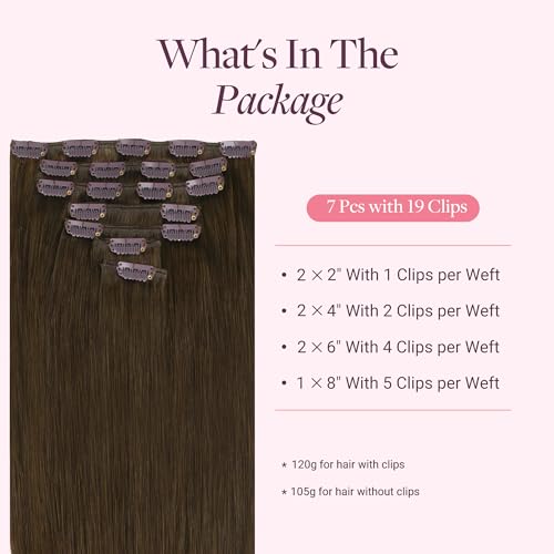 Image of GOO GOO Clip in Hair Extensions Real Human Hair, Remy Human Hair Extensions Clip ins for Women, Natural Human Hair, 14inch 120g 7Pcs, 4A Chocolate Brown