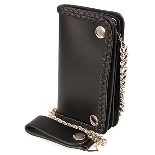 Milwaukee Leather MLW7881 Men's 6” Long Leather “Braided” Bi-Fold Biker Wallet w/Anti-Theft Stainless Steel Chain - One Size