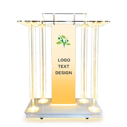 Customizable Logo & Text Church Pulpit,Transparent LED Acrylic Podium with Wheels and Vertical Reading Platform,Elegant 46" Lectern for Church and Classrooms (39.4"L*15.7"W *45.7"H)