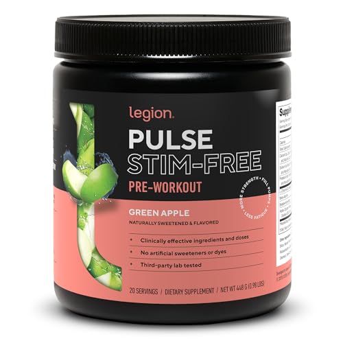 LEGION Pulse Pre Workout Supplement - All Natural Nitric Oxide Preworkout Drink to Boost Energy, Creatine Free, Naturally Sweetened, Beta Alanine, Citrulline, Alpha GPC (Caffeine Free Green Apple)