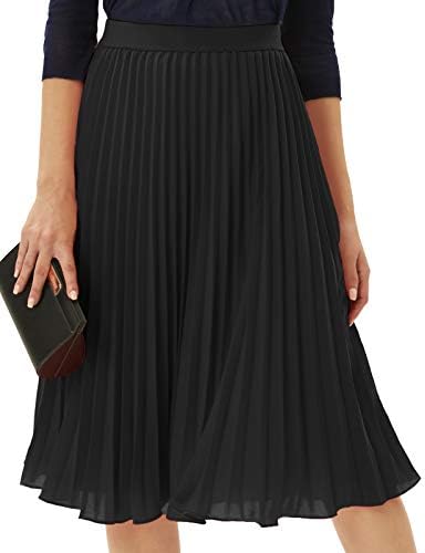 Womens Elastic High Waisted A Line Pleated Shirring Midi Long Skirt Black L