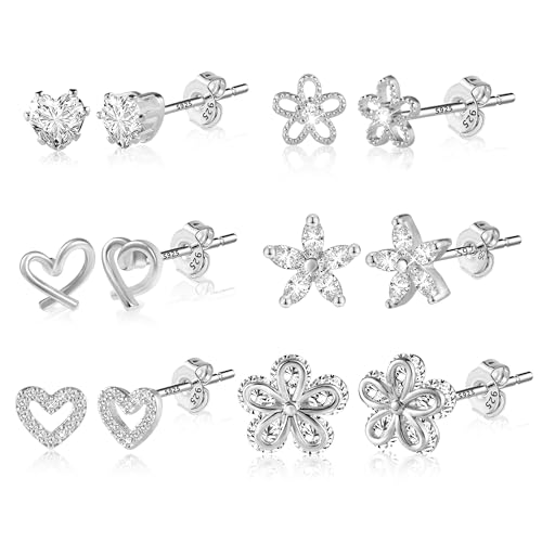 ALEXCRAFT Small Gold Stud Earrings - 6 Pairs Cute Heart Studs for Women - Cubic Zirconia - Hypoallergenic - Pack