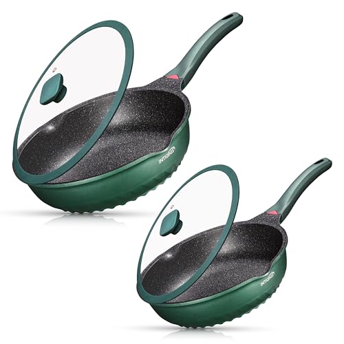 Non-Stick Frying Pan Set with Lids | Extra Deep Ceramic - 28cm & 30cm | Non-Toxic, Scratch-Resistant Frying Pans with Stainless Steel Induction Base | Non-Stick Frying Pan for Induction Hob (Green)