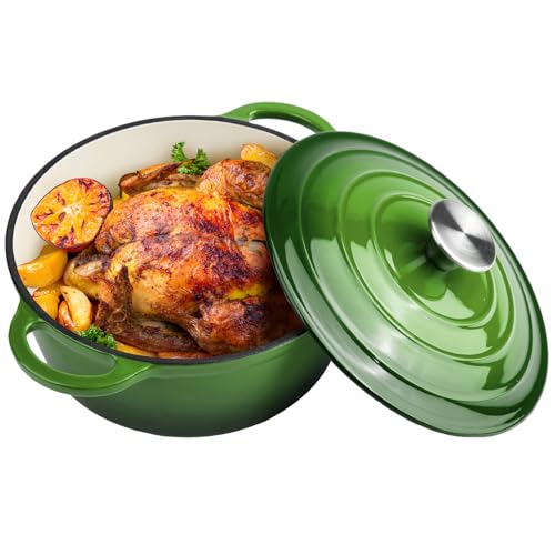 Hierro fundido esmaltado para horno holandés de 3 cuartos de galón con tapa, asas dobles grandes, apto para horno hasta 260.0 °C, olla redonda clásica para cocinar versátil, color verde