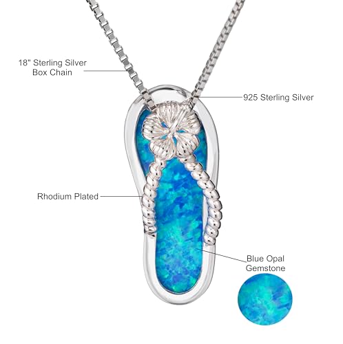 925 Sterling Silver Hawaiian Flip Flop Slipper Sandal Necklace Pendant with 18" Box Chain, Genuine Koa Wood Blue Opal Abalone Shell Cubic Zirconia, Nickle Free Hypoallergenic for Sensitive Skin, Gift Box Included4