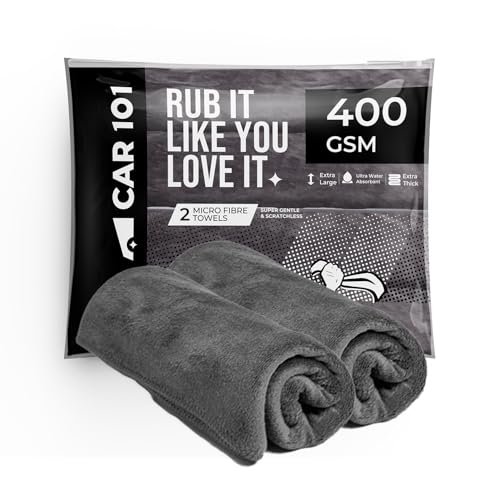 Image of CAR101 Microfiber Cloth - 2Pcs - 60x35 cm - 400 GSM - Grey | Multipurpose | Lint-Free | Superior Softness & High Absorbency | Microfibre Towels for Car, Bike & Household Cleaning