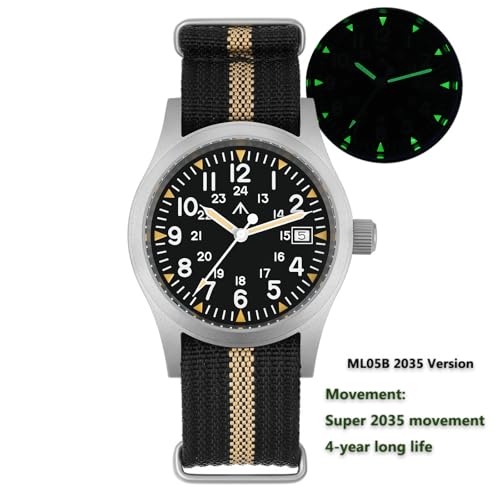 Image of Militado ML05 38mm VH31 Quartz Watch - Domed Sapphire Crystal Field Watch C3 Super Luminous Retro Sweep Wrist Watch for Men 100M Waterproof