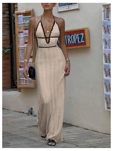 Image of SOLY HUX Women's Tie Backless Maxi Halter Dress Deep V Neck Sleeveless Knit Elegant Dresses