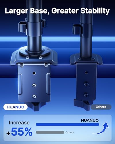 Image of HUANUO Dual Monitor Stand for 13-32 Inch Screens, Tall Pole Desk Mount,Larger Base, Ideal for Sit-Stand Workstations, 22 lbs per Arm, VESA 75x75 /100x100mm, Tilt Swivel Rotation, Cable Management