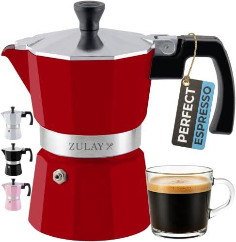 Zulay Moka Pot Espresso Stovetop Coffee Maker - Leak-Proof, Stainless Steel, Easy to Clean, Heat Resistant Handle & Knob - for Authentic Cuban & Italian Style Espresso - Makes 3 Espresso Cups - Red