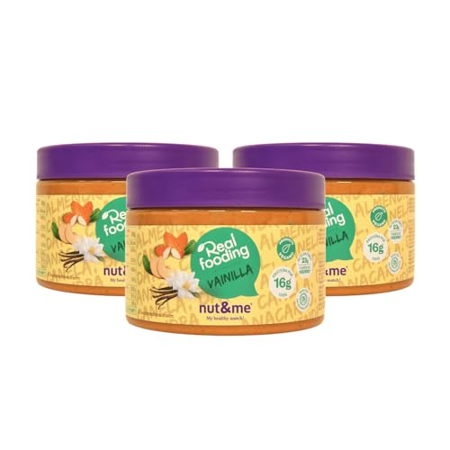 Crema de vainilla y canela Realfooding 750 gr nut&me | Sabor vainilla | Hecha de almendra y anacardo | Alto en fibras | Fuente de hierro | Fuente de potasio | Vegano | Sin Gluten | Pack 3 x 250 gr