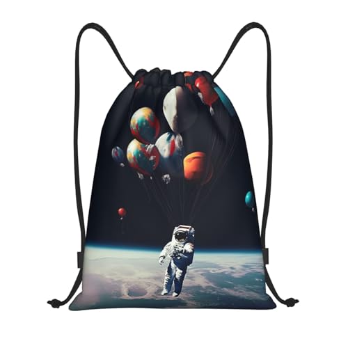 LMNGH Mochila esportiva com cordão, academia, astronautas, balão, estrelas, bolsa com bolso lateral, resistente à mochila para mulheres e homens, Preto, Small, Mochilas de viagem