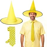 Aulock 2pcs Halloween Man in the Yellow Hat Costume - Yellow Pointed Hat & Polka Dot Tie for Cosplay Party