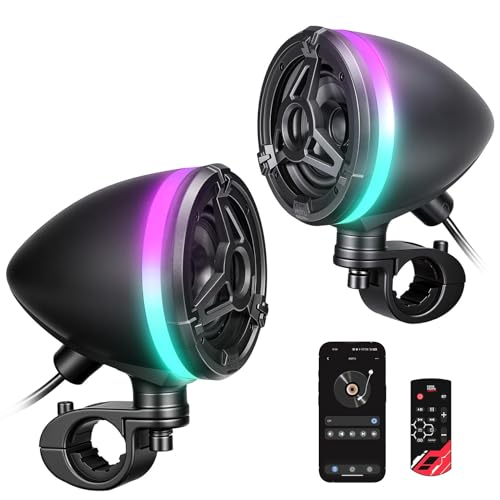 KEMIMOTO Motorcycle Speakers Handlebar Mount, Bluetooth-Compatible IP66 Waterproof Motorcycle Tower Audio System with RGB Lights for Highway Riding