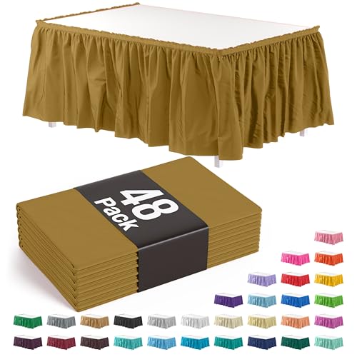 Exquisite Gold Table Skirt 48 Pack - Disposable Plastic Table Skirts for Rectangle Tables 6ft 8ft & Round Tables - 29in x 14ft Self-Adhesive Strip - Birthday Wedding Gender Reveal Decor