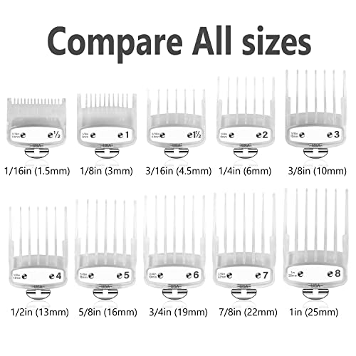 Professional Hair Clipper Guards Guides 10 Pcs Coded Cutting Guides #3170-400- 1/8” To 1 Fits For All Wahl Clippers(Transparent-10 Pcs) #TOP1