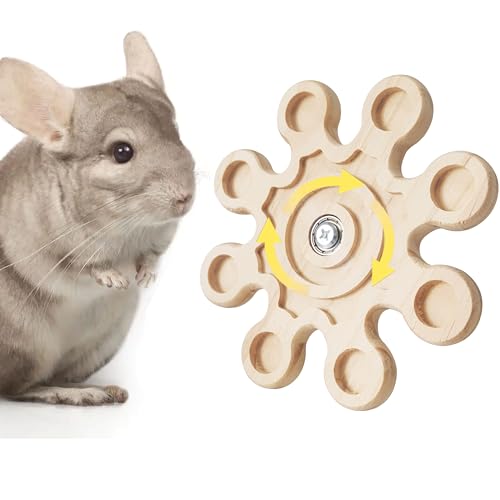 Rotating Natural Wood Chinchilla Chew Toys for Teeth, Interactive Chinchilla Enrichment Toys, Hanging Exercise Chinchilla Toys for Cage for Playtime, Spinner Chinchilla Cage Accessories Wheel (Large)