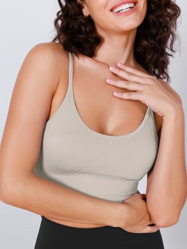 Image of ODODOS Seamless Sports Bra for Women Ribbed Camisoles Non Padding Yoga Bra Crop Tank Tops