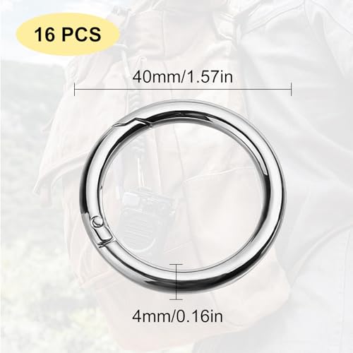 16 Stück Runde Karabinerhaken, 40mm Zinklegierung Rund Karabiner Ring Groß Federspaltringe Schlüsselring O-Ring für Schlüsselanhänger Tasche Geldbörse DIY Handwerk, Silber