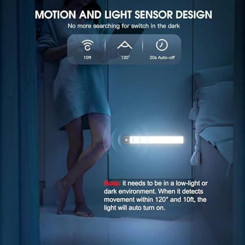 MCGOR 10inch Under Cabinet Lighting, 2 Pack Rechargeable Motion Sensor Light Indoor, 5 Levels Dimmable Magnetic Closet Lights, Wireless Under Counter Lights for Kitchen, Stairs - 3