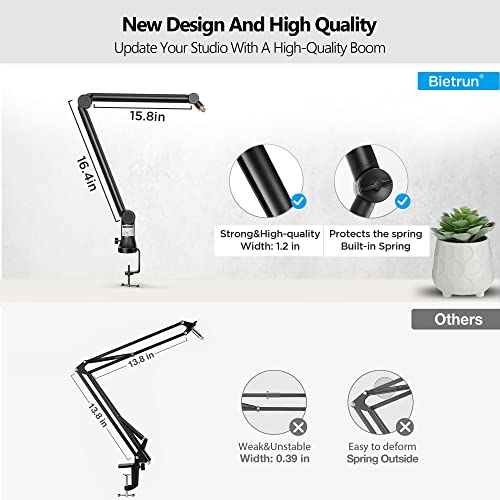 Mic Arm Desk Mount(Longer)For Shure Sm7B/Mv7/Blue Yeti/Snowball/At2020 Mic＆Others,Bietrun Universal Pro-Heavy Duty Metal Mic Boom Arm Stand With 3/8" To 5/8" Adapter,Hidden Cable Trough,Headset Hook #TOP3