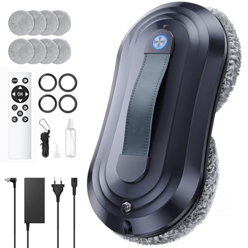 Yeerain Robot Laveur de Vitre, Fonction Vaporisation, Aspiration Turbo 7000Pa, Silencieux, 3 Modes, Navigation Intelligente, Détection Bords, 10 Lingettes