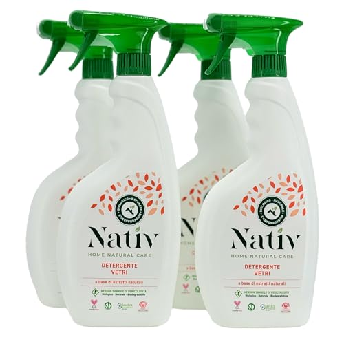 Eco Lab Nativ Detergente Vetri 100% Naturale. Detergente Liquido Vetri Anti Aloni. 4 flaconi da 750 ml. Ideale per la pulizia di qualsiasi superficie in vetro.
