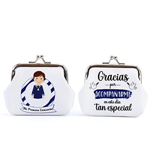 Pack de 12 a 42 uds Monederos Comunión Niño y Niña | Polipiel con Cierre Metálico | 8,5 x 7 cm | Regalos Invitados Comunión | Varios Modelos No Personalizables | Regalantes (18, Niño Blanco)