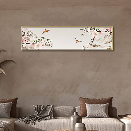 Image of Cherry Blossom Bird Large Canvas Painting Framed Panel Wall Painting, Modern Luxury Paintings for Home Decoration, Living room, Bedroom and Office Decor - Pink, 13x47 Inch