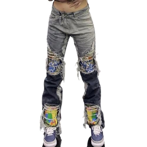 BXCNCKD Gothic Patch Denim Pants, high Street Heavy Industry Embroidered Distressed Jeans, Men's Straight Leg Loose Pants