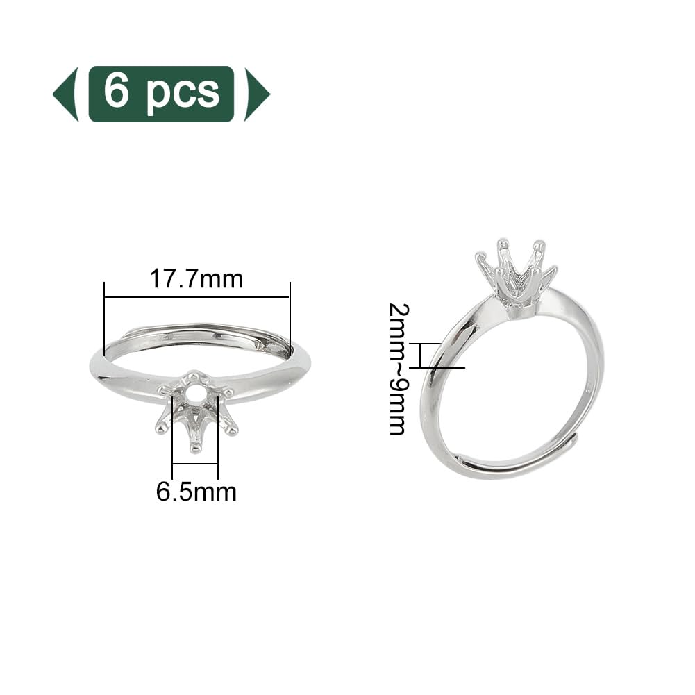 GOMAKERER 6 Pcs Brass Ring Bases, Adjustable Prong Ring Settings Platinum Ring Blank Finger Ring Findings for Crafting Jewelry Making