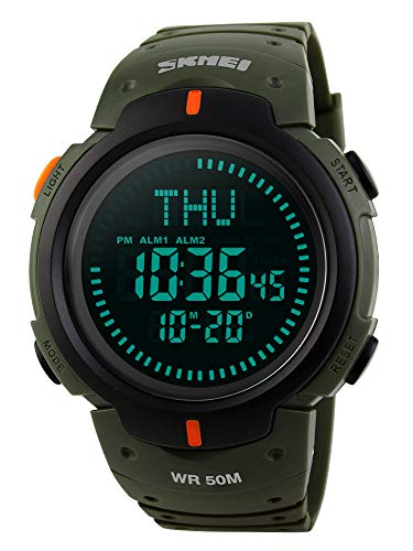 Men’s Military Sports Digital Watch with Survival Compass 50M Waterproof Countdown 3 Alarm Stopwatch (C-Black) (Army Green)