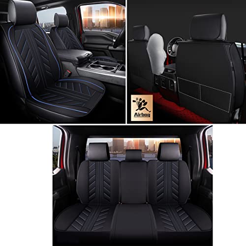 Eluto Car Seat Covers Full Set With Waterproof Pu Leather, Airbag Fit For Dodge Ram 1500 2500 3500 Pickup Truck Crew Cab, Double Cab, Quad Cab, Regular Cab, And Mega Cab 2009-2022(Black-Blue) #TOP2