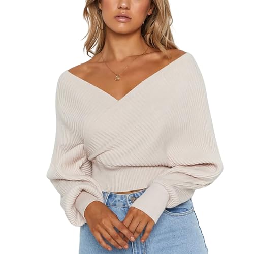 Women's Off Shoulder Jumpers Wrap V-Neck Knitted Cropped Sweater Lantern Long Sleeve Ribbed Knitted Pullover Tops