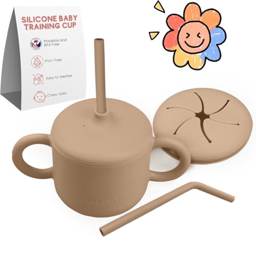 Image of THALEDY Sippy cup for 6 month old (8Oz/250ml) with straw, sippy cup for toddlers with soft spout and lid for practicing with snacks and sippy cup for 1 year old with handles.